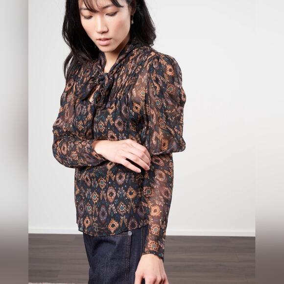 Ulla Johnson Black Onyx Metallic Ada Silk Blouse Size 8 - Picture 2 of 13